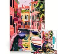 Adults 1000 Piece Jigsaw Puzzle Pastel Venice Canal Scene Minimalist Art Illustration Smooth Cut Art Smart Brain Activity Leisure Time Fun Xmas Decor Gift (50x75cm)
