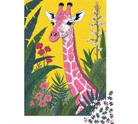 Adults 1000 Piece Jigsaw Puzzle Pink Giraffe Illustration Art Print Jigsaws for Adults Fun Games Wall Decoration Unique Gifts for Birthday And Christmas 52x38cm/1000pcs