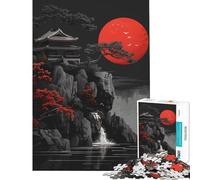 Adults 1000 Piece Jigsaw Puzzle Red Moon Japan Ink Toy Intellectual Game Impossible Game Learning Educational Secret Santa Gifts (Size 38x26cm)