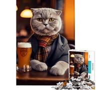 Adults 1000 Piece Jigsaw Puzzle Scottish Fold Cat in Pub Practical Game Addictive Toys to Cultivate Patience Gifts Birthday Stress Reliever (Size 75x50cm)