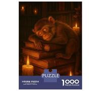 Adults 1000 Piece Jigsaw Puzzle Sleeping Monkey on Books with Candles Jigsaws for Adults Anti-Stress Toys Pattern Assembly for Is Ideal As A Gift 52x38cm/1000pcs