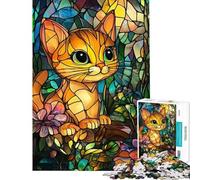 Adults 1000 Piece Jigsaw Puzzle Stained Glass Kitten Jigsaws for Adults Fun Games Analysis And Logic Parent-child Interaction (Size 50x75cm)