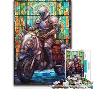 Adults 1000 Piece Jigsaw Puzzle Stained Glass Knight on Motorcycle Improve Memory Practical Game for And from 14 Years And over 38x26cm