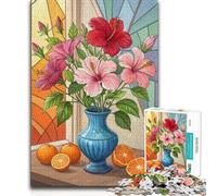 Adults 1000 Piece Jigsaw Puzzle Still Life Floral Red Pink Hibiscus with Oranges Improve Memory Practical Game for And from 14 Years And over 50x75cm
