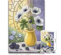Adults 1000 Piece Jigsaw Puzzle Still Life Floral White Anemones with Blackberries Ideal for Cozy Downtime Fine Precision Die Cut Play Toy Size 38x52cm