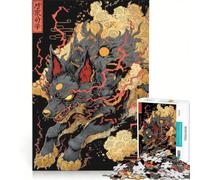 Adults 1000 Piece Jigsaw Puzzle Stylized Wolf Illustration with Japanese Elements, Family Games, Interesting Stress Reduction, Birthday And Unique Gifts 50x75cm