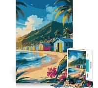 Adults 1000 Piece Jigsaw Puzzle Tropical Beach with Colorful Huts And Parrot Fine Joint Fun Mind Game Gift Cozy Game Play Xmas Leisure Gift (38x52cm)