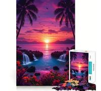 Adults 1000 Piece Jigsaw Puzzle Tropical Sunset with Waterfalls And Palm Trees Fine Joint Fun Mind Game Gift Cozy Game Play Xmas Leisure Gift(38x26cm)