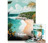 Adults 1000 Piece Jigsaw Puzzle Tulum Mexico Beach Landscape Illustration Fine Joint Fun Mind Game Gift Cozy Game Play Xmas Leisure Gift (50x75cm)