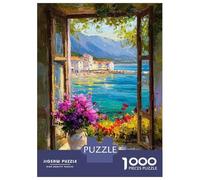 Adults 1000 Piece Jigsaw Puzzle Window View of Mediterranean Coastal Town Jigsaw for Adults Brain Teaser Game Staycation Kill Time Parent-child Interaction 52x38cm/1000pcs