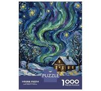 Adults 1000 Piece Jigsaw Puzzle Winter Cabin Under Aurora Borealis Painting Jigsaw for Adults Brain Teaser Game Staycation Kill Time Parent-child Interaction 38x26cm/1000pcs