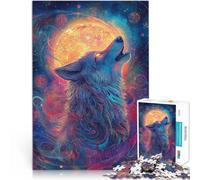 Adults 1000 Piece Jigsaw Puzzle Wolf Howling at the Cosmic Moon Schwierig Schwer mit passendem Poster und Quizblatt75x50cm
