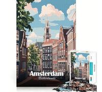 Adults 1000 Pieces Puzzle Amsterdam Netherlands Cityscape Illustration Clean Joint Game Thinking Fun Game Relax Play Time Birthday Activity (50x75cm)