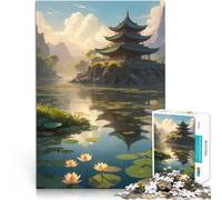 Adults 1000 Pieces Puzzle Anime Lo-Fi Landscape of Serene Pagoda by the Lake Quizspiel Gutes Geschenk75x50cm