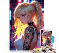 Adults 1000 Pieces Puzzle Anime Neon Girl with Skull Tattoo Quizspiel Jedes Stück ist einzigartig Anspruchsvolles Familienspiel50x70cm