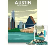 Adults 1000 Pieces Puzzle Austin Texas Travel Poster Clean Joint Game Thinking Fun Game Relax Play Time Birthday Activity (38x52cm)