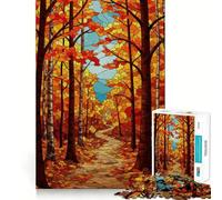Adults 1000 Pieces Puzzle Autumn Forest Path Stained Glass Style Clean Joint Game Thinking Fun Game Relax Play Time Birthday Activity (38x52cm)