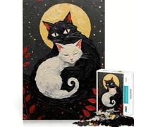 Adults 1000 Pieces Puzzle Black And White Cats Under Moon Painting Exact Cut Art Cognitive Fun Play Leisure Play Fun Christmas Calm Gift (38x26cm)