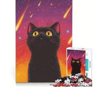 Adults 1000 Pieces Puzzle Black Cat Under Shooting Stars, Brain Teaser Game, Birthday Present, Suitable for Desktop Decoration 50x75cm