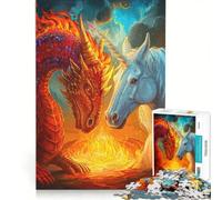 Adults 1000 Pieces Puzzle Dragon And Unicorn by Fire, Fun Games, Perfect Decoration, with Fully Interlocking Randomly Shaped Pieces 50x75cm