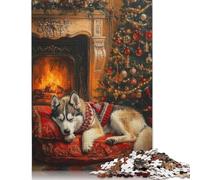 Adults 1000 Pieces Puzzle Gifts Sleeping Husky Dog by Fireplace Christmas Scene Wooden Puzzle Adult Jigsaw Puzzle Game Toys for Adults 1000pcs (75x50cm)