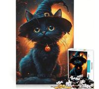 Adults 1000 Pieces Puzzle Halloween Black Cat with Witch Hat, Toy Wall Decor, Fun at Home Activities, Improving Love between Couples 50X75CM