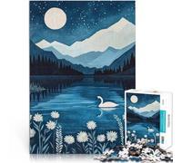 Adults 1000 Pieces Puzzle Moonlit Lake with Swan, lightning stars full moon, snowy abstract mountains and lakeside bloom white flowers Wichtelgeschenke52x38cm