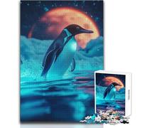 Adults 1000 Pieces Puzzle Penguin Under A Red Moon Relaxing Gentle Leisure Pursuit Fine Smooth Cut Craft Toy Size 38x52cm