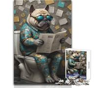 Adults 1000 Pieces Puzzle Pug Dog on The Toilet Enjoyful Peaceful Spare Time Exact Precision Fit Play Toy Size 50x75cm
