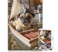 Adults 1000 Pieces Puzzle Pug Pirate Sailing with Bacon Relaxing Gentle Leisure Pursuit Fine Smooth Cut Craft Toy Size 38x52cm