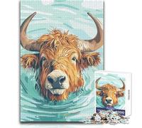 Adults 1000 Pieces Puzzle Swimming Highland Cow Illustration Enjoyful Peaceful Spare Time Exact Precision Fit Play Toy Size 38x26cm