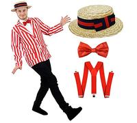 Adults 1920's Barbershop Fancy Dress - Red & White Striped Blazer + Straw Boater Hat + Red Bowtie + Red Braces - Edwardian Barbershop Costume for World Book Day/book Week 1920's Show (Medium)