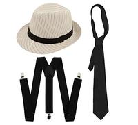 Adults 1920s Gangster Fancy Dress Set - Black Pinstripe Trilby Hat, Braces & Tie - Gatsby Mobster Costume Accessories Kit