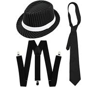 Adults 1920s Gangster Fancy Dress Set - Black Pinstripe Trilby Hat, Braces & Tie - Gatsby Mobster Costume Accessories Kit
