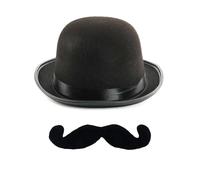 Adults 1930s Detective Accessory Set - 60cm Black Bowler Hat and Adhesive Handlebar Moustache - Mens 30s Mystery Character World Book Day Fancy Dress Costume
