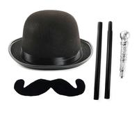 Adults 1930s Detective Accessory Set - 60cm Black Bowler Hat, Handlebar Moustache and Silver Cane - Mens 30s Mystery Character World Book Day Fancy Dress Costume