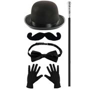 Adults 1930s Detective Accessory Set - 60cm Black Bowler Hat, Handlebar Moustache, Black Bowtie, Gloves and Silver Cane - Mens 30s Mystery Character World Book Day Fancy Dress Costume