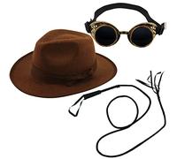 Adults 1980’s Indiana Jhones Style Adventurers Safari Explorer Hat with Antique Gold Goggles & Whip - Theme Party Fancy Dress Costume Accessory