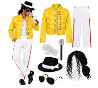 Adults 1980s Pop Star Halloween Fancy Dress Set - Jacket, Wig & Glitter Mic | yellow jacket, striped white trousers, afro wig, fedora hat, sunglasses, sequin glove, glitter mic, sizes S-XXL