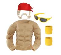 Adults 1980s Wrestler Costume - Standard - Red Bandana, Blonde Wig, Blonde Tash, Yellow Sunglasses, Yellow Wristbands, Beige Muscle Suit - Adults Celebrity Fancy Dress Accessory Set