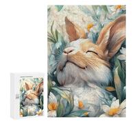 Adults 300 PCS Jigsaw Puzzle Cute Sleeping Bunny in Flowers Jigsaw for Adults Brain Teaser Game Wall Decoration for Is Ideal As A Gift 300 PCS