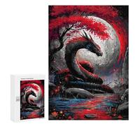 Adults 300 PCS Jigsaw Puzzle Dragon Under The Moon with Red Tree Jigsaw for Adults Brain Teaser Game Wall Decoration for Is Ideal As A Gift 300 PCS