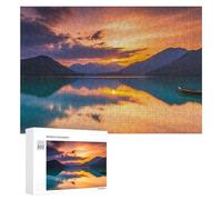 Adults 300 PCS Jigsaw Puzzle Lake Sunset with Mountains And Boat Jigsaw for Adults Brain Teaser Game Precision Cutting Unique Gifts for Birthday And Christmas 300 PCS
