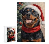 Adults 300 PCS Puzzle Christmas Rottweiler Portrait Adult Jigsaw Puzzles Difficult Challenge Wishlist with Santa Claus Unique Birthday And Gifts 300 PCS