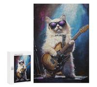 Adults 300 PCS Puzzle Rock Star Kitten Guitar Painting Adult Jigsaw Puzzles Difficult Challenge Wishlist with Santa Claus Unique Birthday And Gifts 300 PCS