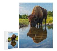 Adults 500 PCS Jigsaw Puzzle Bison Drinking from Pond Wildlife Photo Jigsaw for Adults Brain Teaser Game Wall Decoration for Is Ideal As A Gift 500 PCS