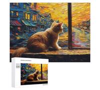 Adults 500 PCS Jigsaw Puzzle Cat Watching Sunset from Window Adult Jigsaw Puzzle Brain Teaser Game Enhance Memory Birthday And Unique Gifts 500 PCS