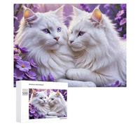 Adults 500 PCS Jigsaw Puzzle Fluffy White Cats with Purple Flowers Adult Jigsaw Puzzle Brain Teaser Game Enhance Memory Birthday And Unique Gifts 500 PCS