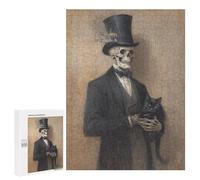 Adults 500 PCS Jigsaw Puzzle Skeleton in Top Hat Holding Black Cat Jigsaws for Adults Puzzle Precision Cutting Difficult And Challenge Toy Intellectual Game 500 PCS
