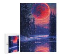 Adults 500 PCS Puzzle Magical Winter Forest with Giant Red Moon Jigsaw Puzzles for Adults Birthday Present Parent-child Interaction Toy Intellectual Game 500 PCS